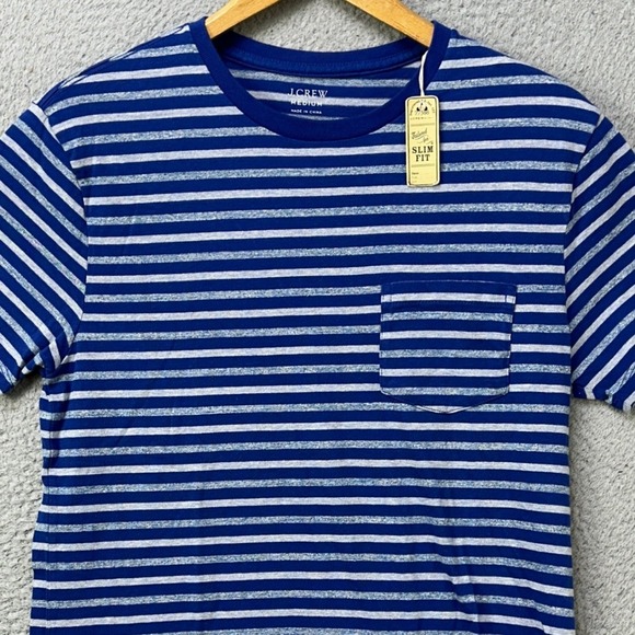 NEW J Crew Mens Medium Slim Fit T-Shirt Pocket Tee Blue White Stripes Crewneck
